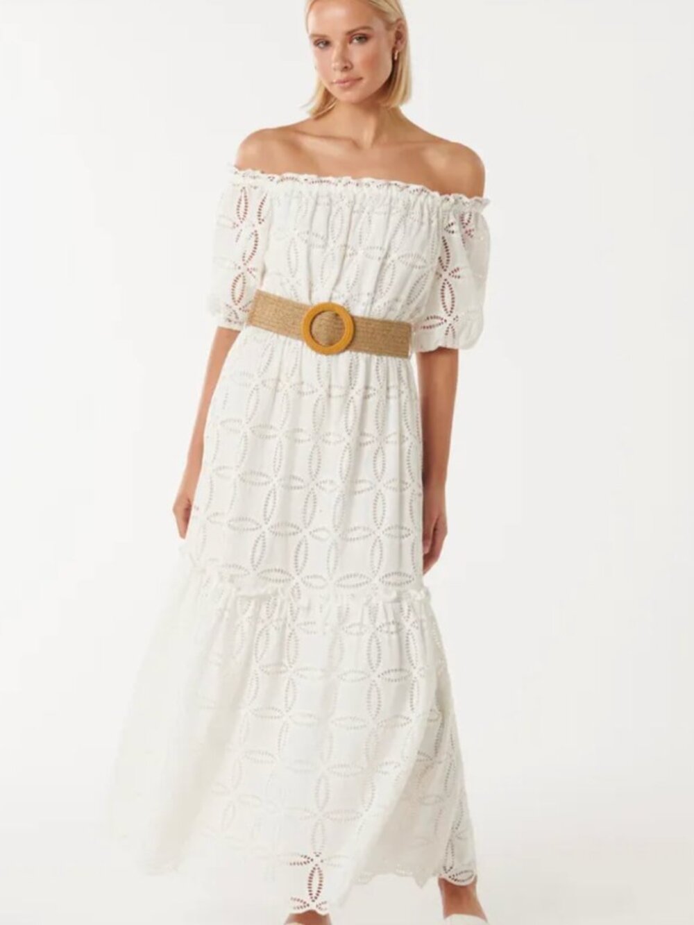EVER NEW Beth Broderie Off Shoulder Cottagecore Boho Porcelain White Dress US 8